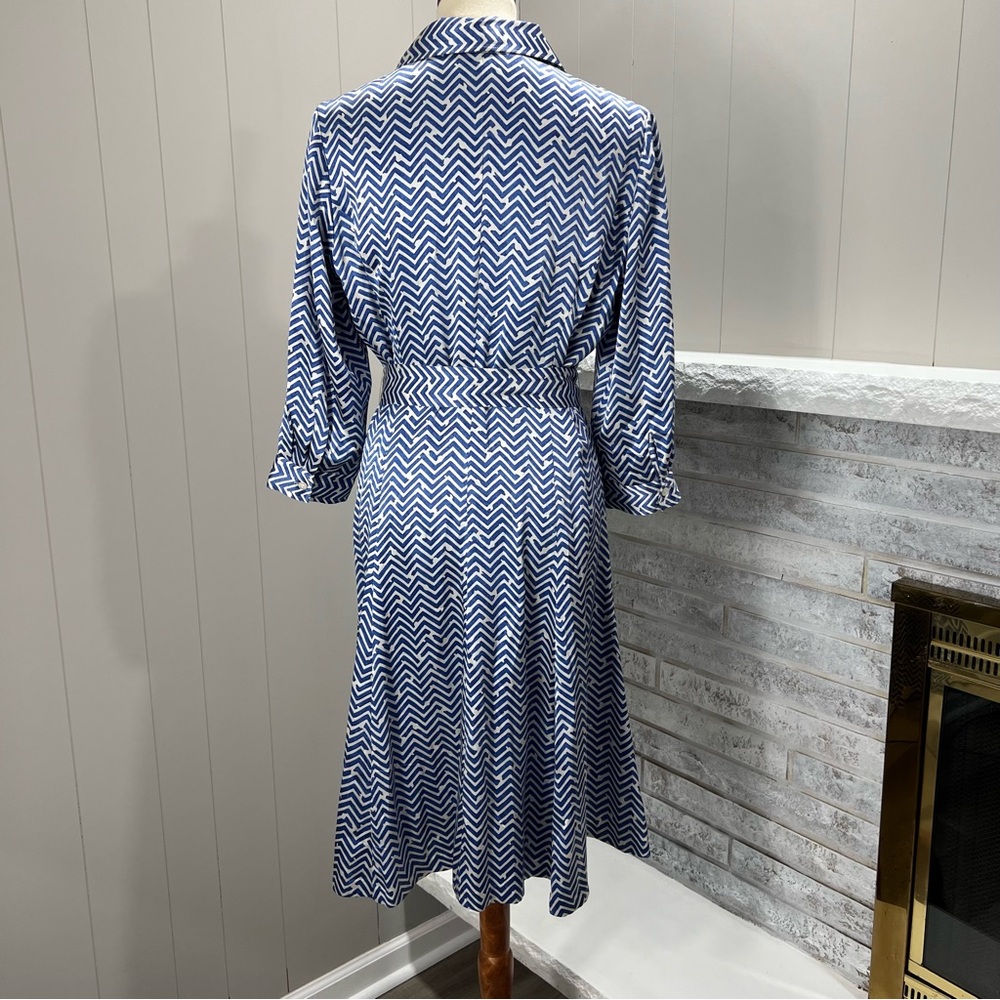 Brooks Brothers Silk Charmeuse Herringbone Print Blue Belted Shirt Dress 12 - Picture 4 of 6